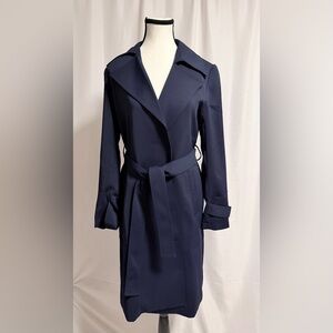 NWT Quince Stretch Crepe Trench Coat Navy Blue Belted Long Coat with Pockets XS